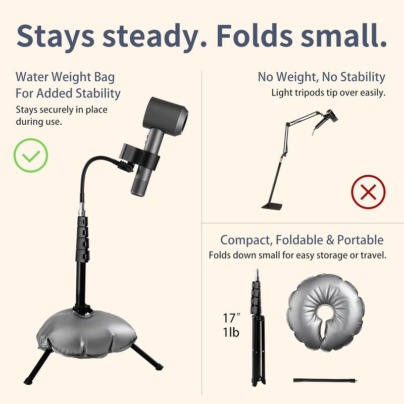 Hugabow Hair Dryer Stand - 360° Rotating Universal Holder, 20-65 Inch Adjustable, Hands Free for Pain Relief & Multi-Tasking - Image 5